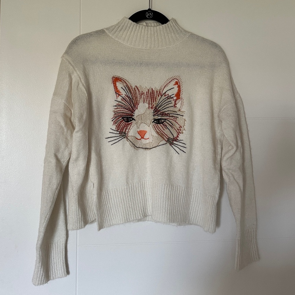 Anthropologie Cream Sweater with Cat Design